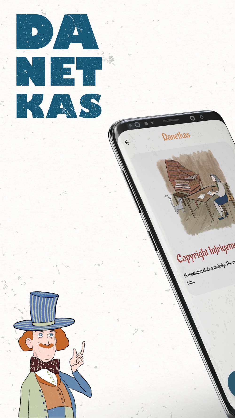 Danetkas illustrated character alongside the app's riddle screen
