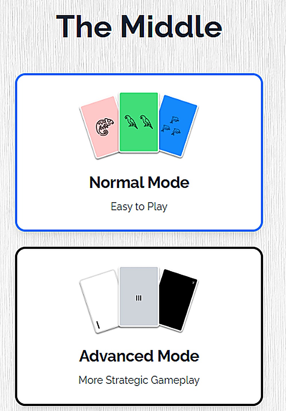 The Middle app screens showing Normal Mode and Advanced Mode card selection